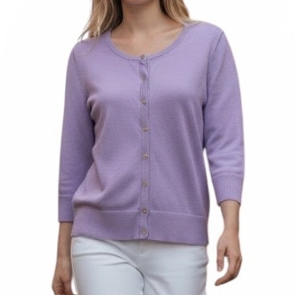 🆕 WHITE HOUSE BLACK MARKET Lavender Purple 3/4 Sleeve Snap Front Cardigan EUC S